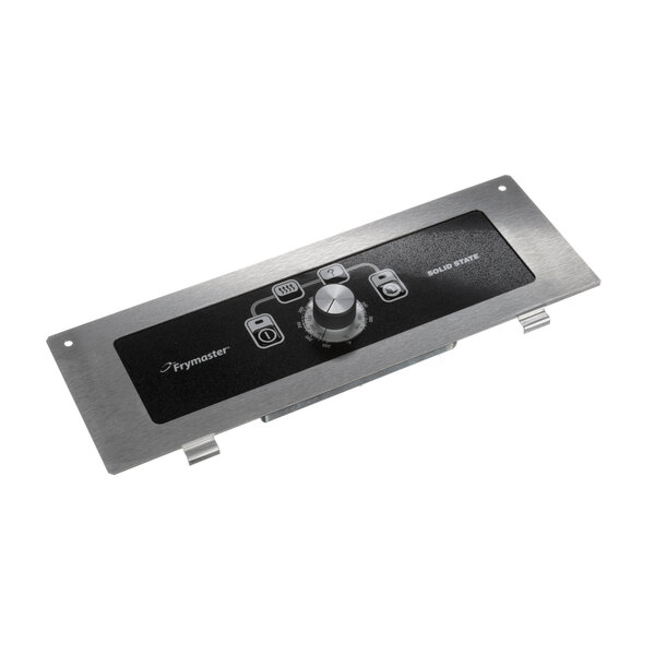 A black and silver rectangular Frymaster controller with a knob.