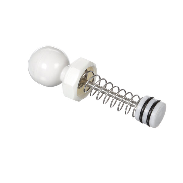 A white round plunger with a metal spring.