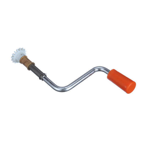A bent metal rod with a white and orange handle.