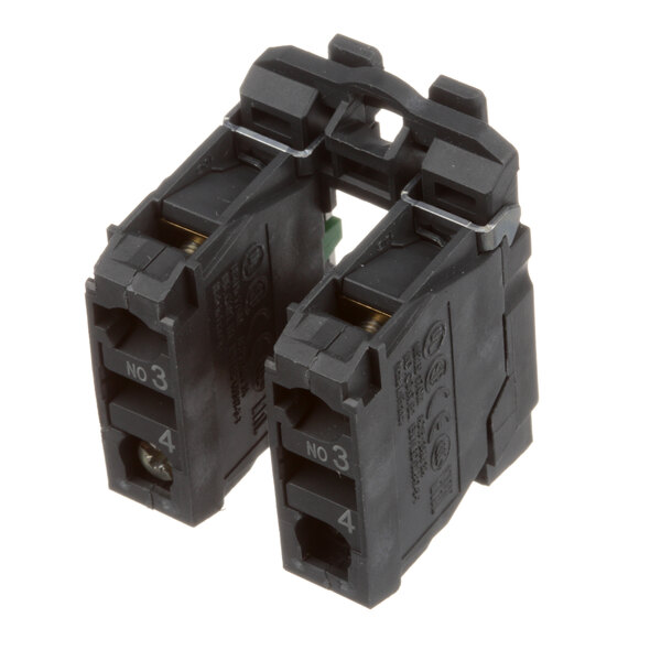 A close-up of a Rondo 50927 black contact block with two metal wires.