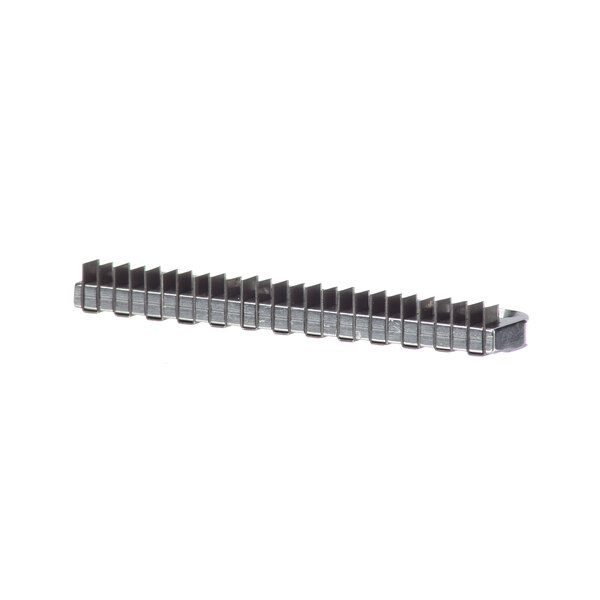 A metal bar with several rows of small holes.