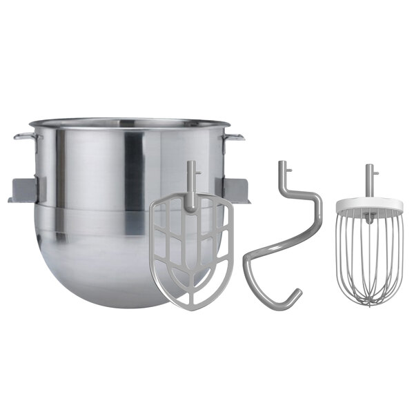 A Doyon 40 qt. mixer with whisk attachment in a silver bowl.