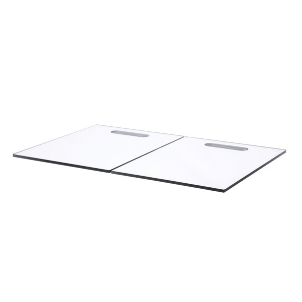 Two white plastic square plates with handles.