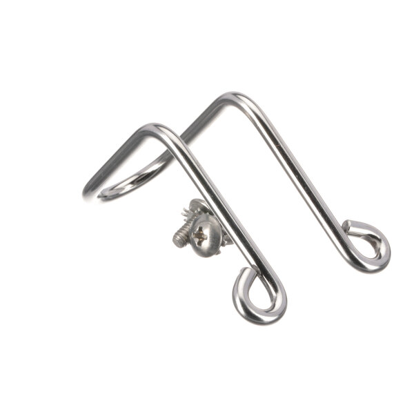 A pair of silver metal hooks.