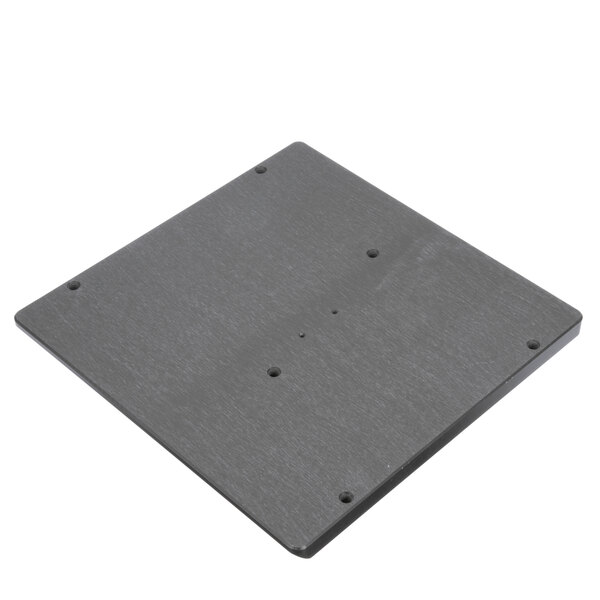 A square black metal plate with holes.