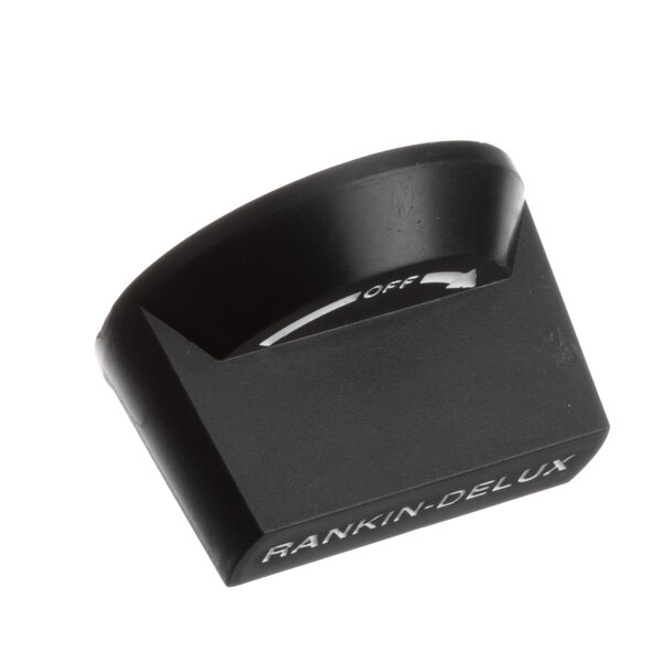 A black plastic Rankin-Delux knob with white text.