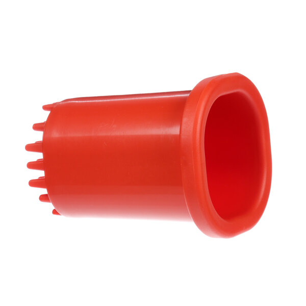 A close-up of a red plastic tube with a handle.