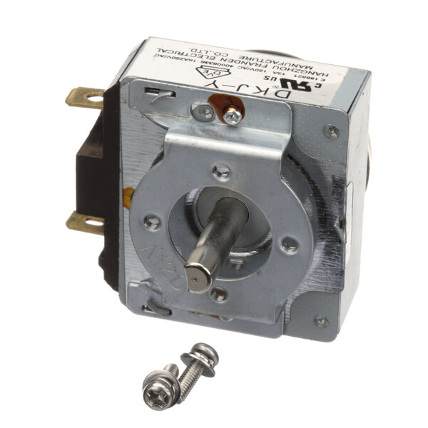 An Adcraft COH2-18 timer, a small metal device with a metal handle, a screw and nut.