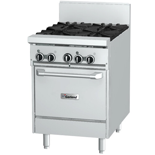 A stainless steel Garland commercial gas range with two burners, a griddle, and an oven.