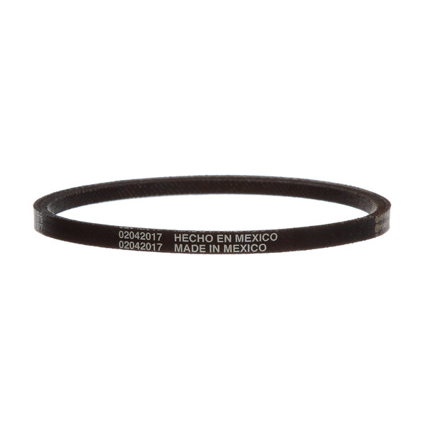 A black rubber V belt with white text that says "Hobart"