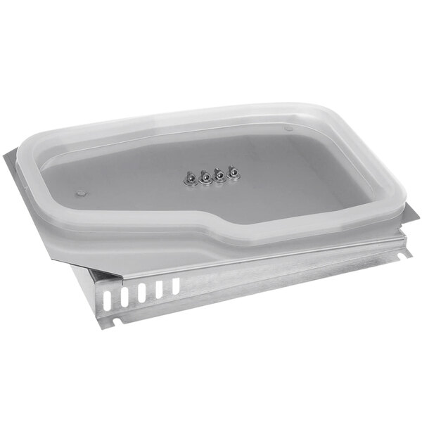 A white plastic tray and metal frame with a clear lid.