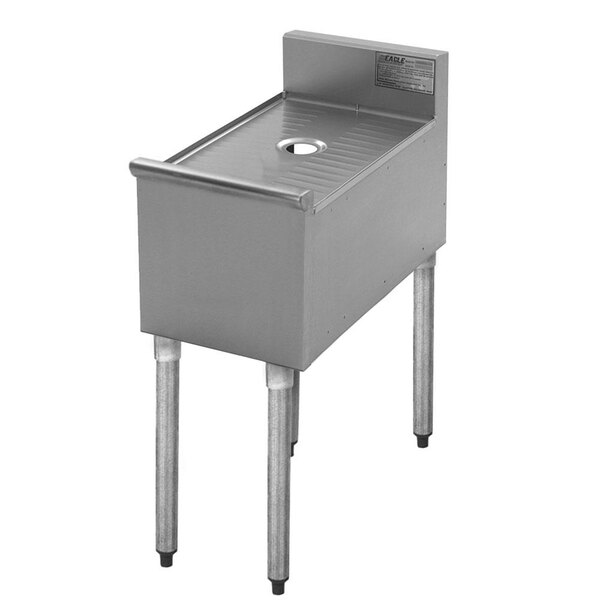A stainless steel sink with legs and a hole in the bottom.
