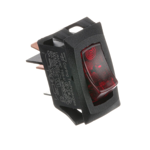 A close-up of a Server Products rocker switch with a red light.