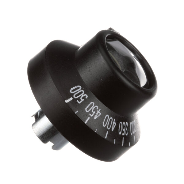 A black round Vulcan convection oven knob with white text.