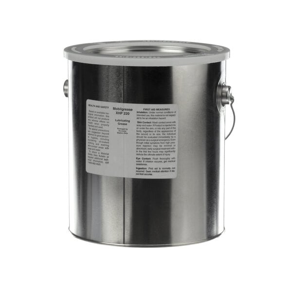 A silver metal Hobart lubricant container with a white label.