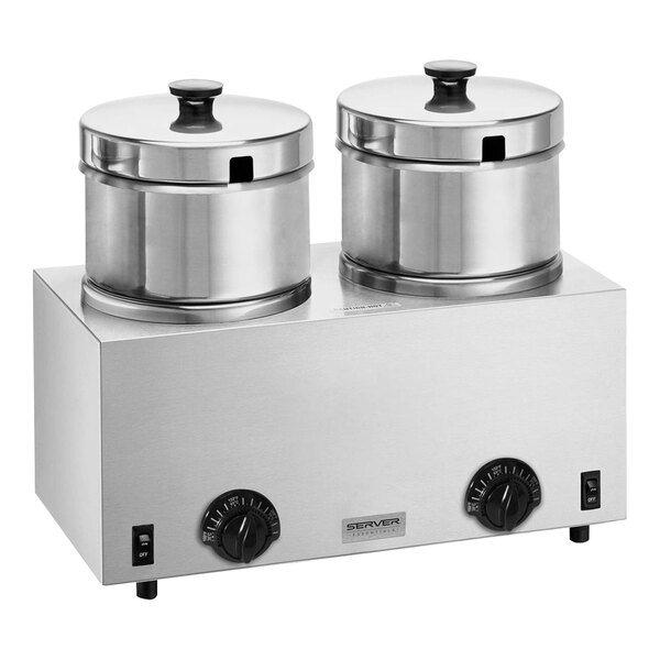 A silver Server Products countertop warmer with two stainless steel pots on top.