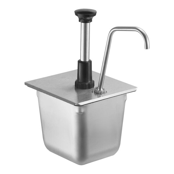 A silver metal Server Products pump assembly with a black handle.
