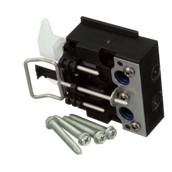 A black and silver Flomatic beverage dispenser block mount with screws.