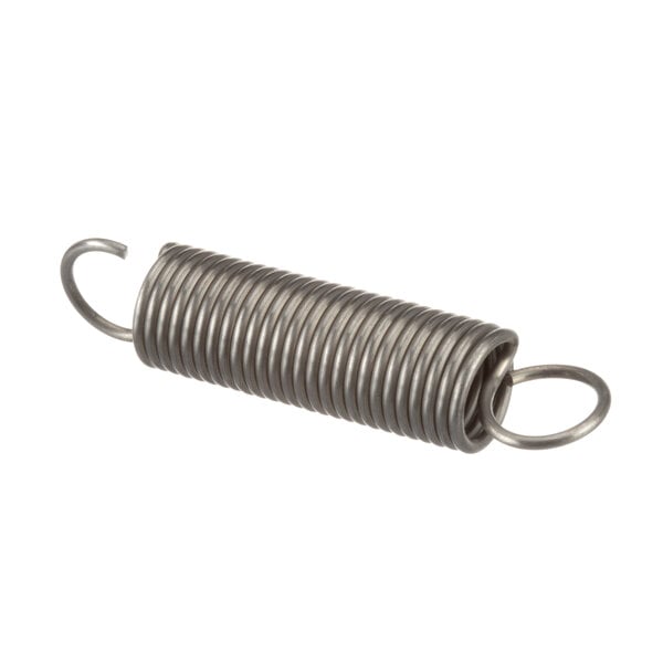 A close-up of a metal spring with a hook on one end.
