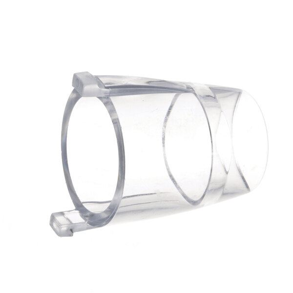 A clear plastic cup on a white background with a Flomatic 501-24 nozzle handle attached to it.