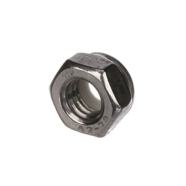 A close-up of a black hex nut with a white background.