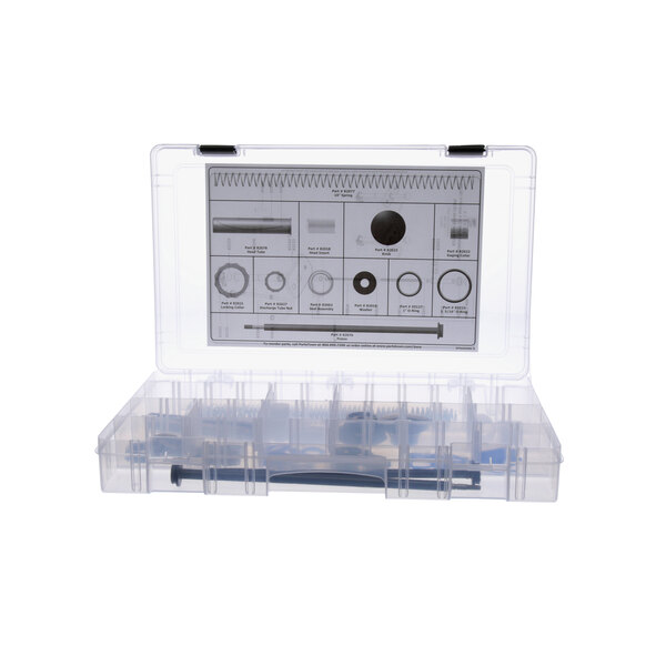 A clear plastic case with a variety of Server Products spare parts.