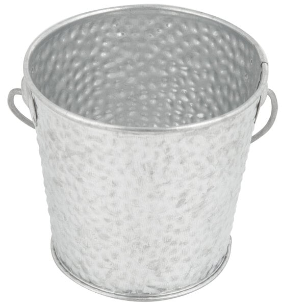 A silver galvanized steel pail with handles.
