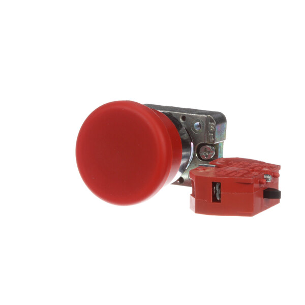 A red button with a metal holder.