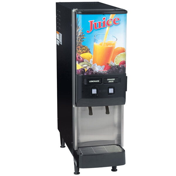 A Bunn juice dispenser with orange juice and fruit in a glass.