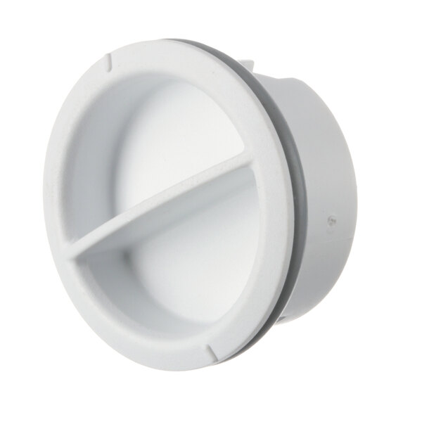 A white Frigidaire Commercial rinse aid cap with a hole in it.