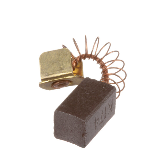 A small metal motor brush with a copper wire.