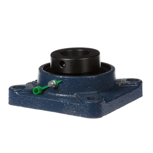 A blue and black Ultrasource cast iron flange bearing unit with a green nut.