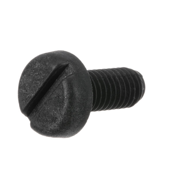 A close-up of a black Revent plastic door screw.