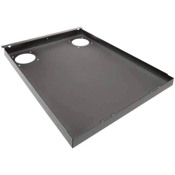 A black metal rectangular panel with two holes in it.