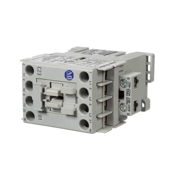 A close-up of a grey Vogt contactor with two switches and two wires.