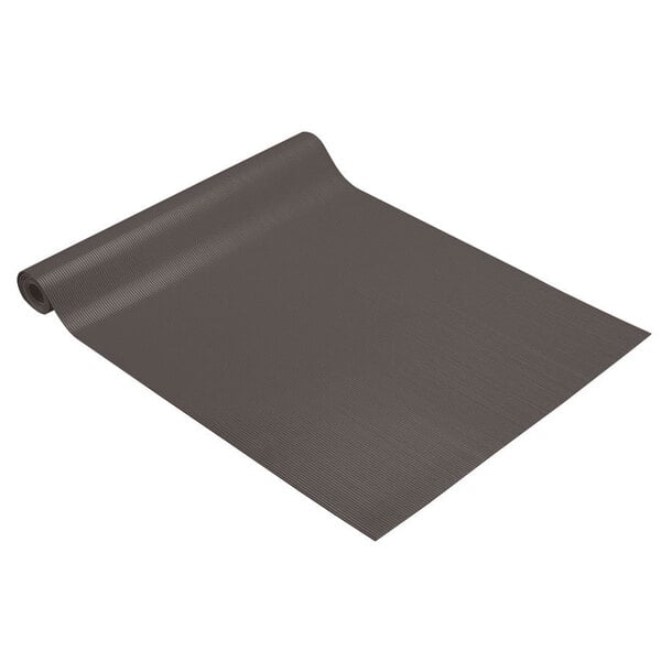 A roll of grey vinyl runner mat on a white background.
