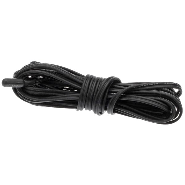 A black cable wrapped in a roll with a white background.