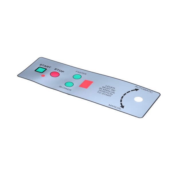 A metal rectangular panel with grey, red, green, and blue buttons.