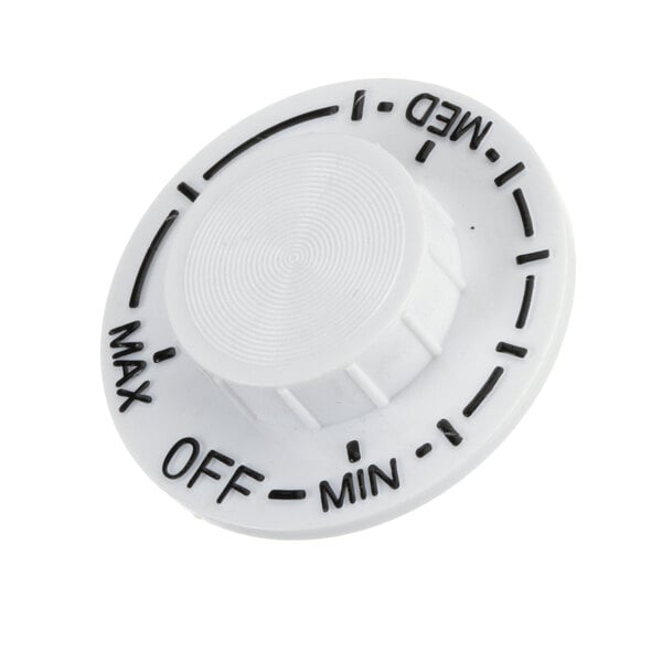 A white plastic Absocold thermostat knob with black text.