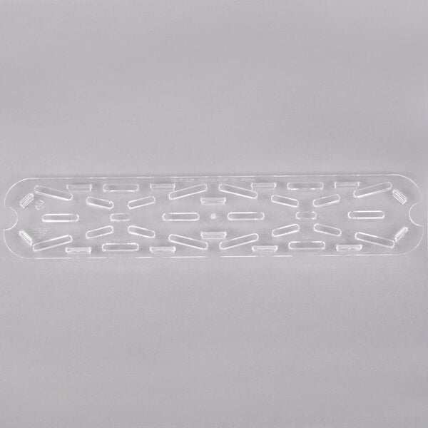 A clear plastic Cambro drain tray with holes.