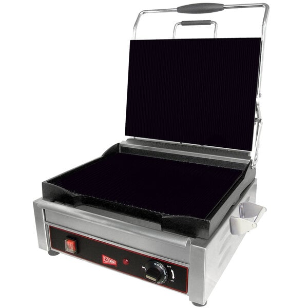 A Cecilware Single Panini Grill with flat grill surfaces on a counter.