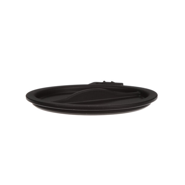A black rubber lid with a handle on a round plate.