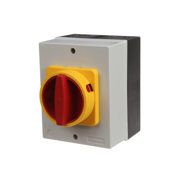 A white box with a red and yellow switch.