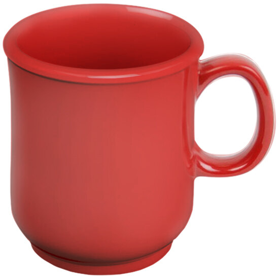 A close-up of a Thunder Group Pure Red Melamine Mug with a handle.
