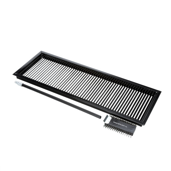 A black metal vent grill with a metal handle.