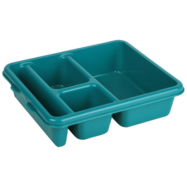 A teal plastic Cambro meal delivery tray with four compartments.