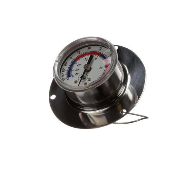 A round metal thermometer for a refrigerator or freezer with a white dial.