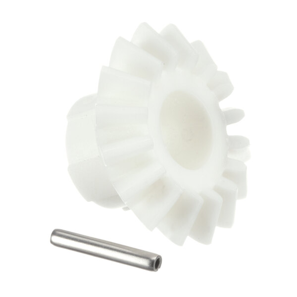 A white plastic gear with a metal pin.