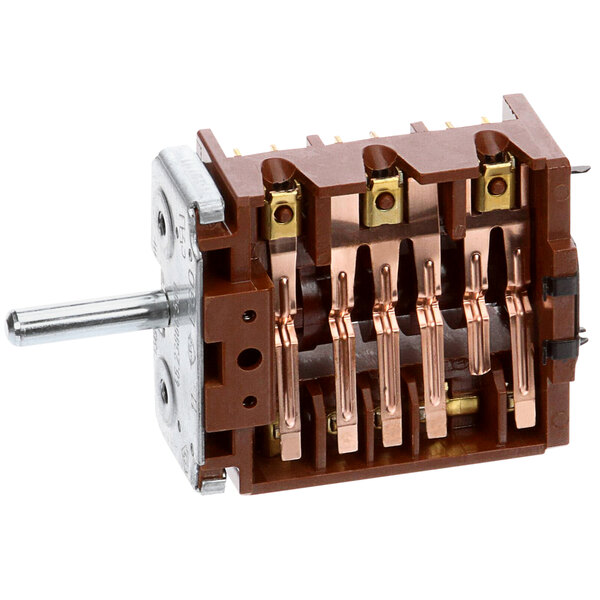 A brown and silver Vollrath switch with two wires.