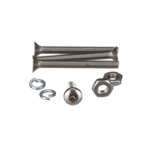 A bolt, nut, and metal ring from Deluxe Equipment Company.